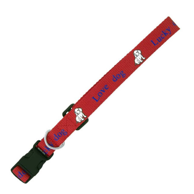 A red dog collar featuring blue text and designs, including the words "Love dog" and "Lucky," with a black buckle.