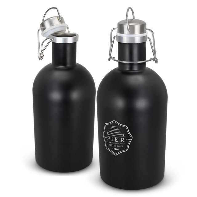 A drink bottle in matte black with a silver lid and a logo on the front. Two bottles are displayed side by side.