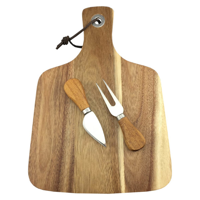 A wooden cheeseboard with a smooth finish, accompanied by a cheese knife and a fork, both with wooden handles.