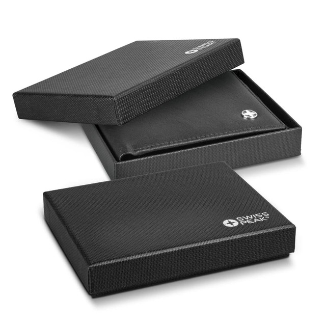 A black anti-skimming wallet with a textured finish, displayed inside a matching box featuring a logo.