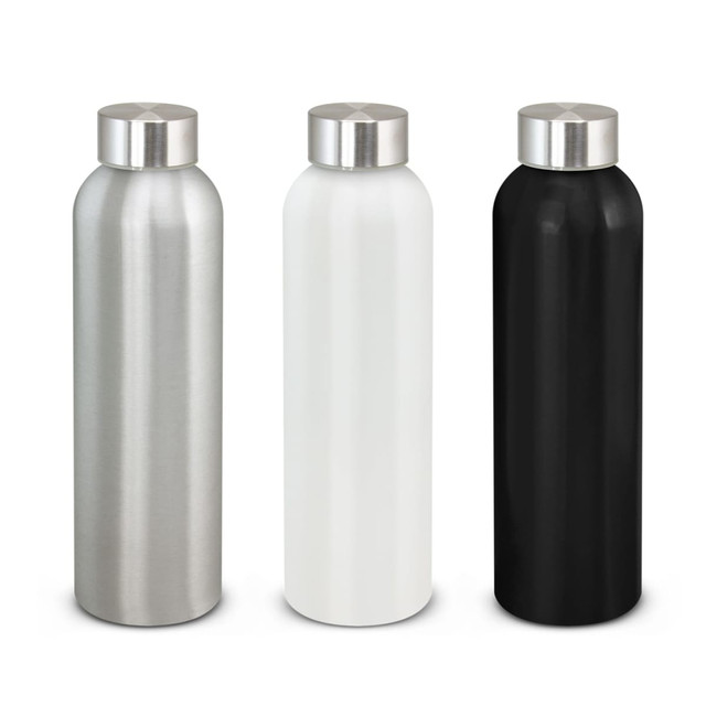A drink bottle trio featuring aluminium in silver, white, and black, each with a stainless steel cap and a logo.