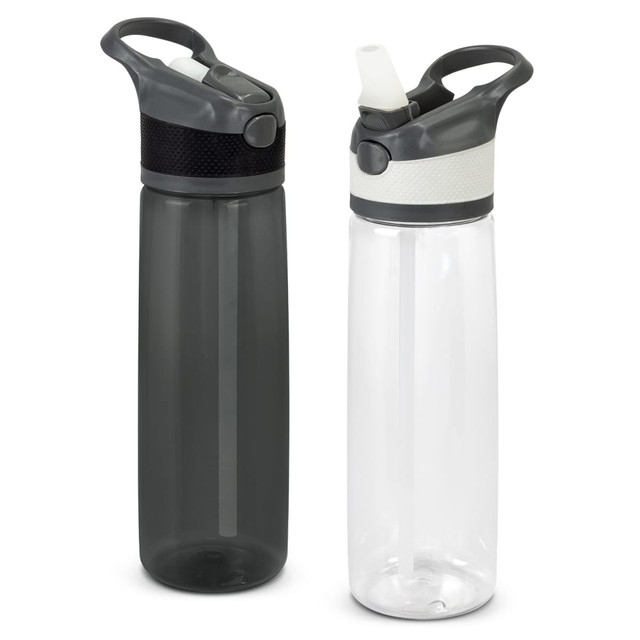A drink bottle in two variations: one grey with a textured grip and one clear with a white band. Both feature a logo.