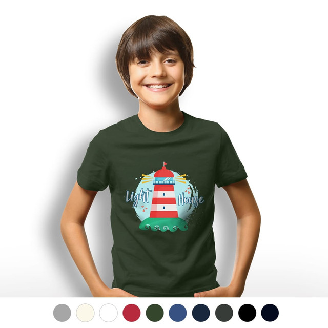 A youth T-shirt in dark green featuring a lighthouse graphic and the phrase "Light House." Available in multiple colours.