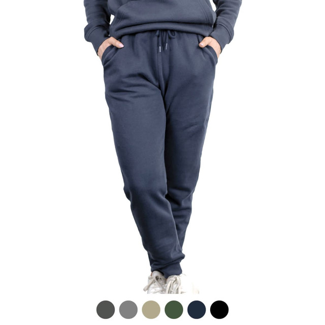 Unisex sweatpants in navy blue with pockets and an adjustable drawstring waistband. Includes colour options below.