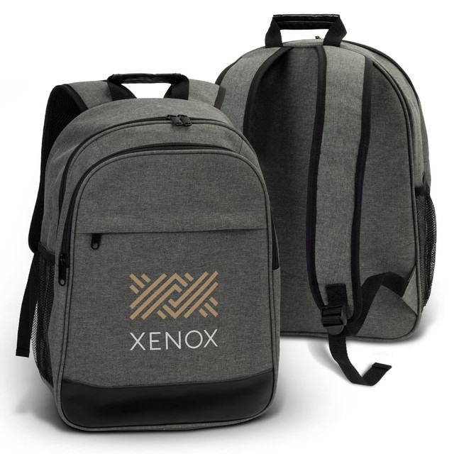 A grey backpack with a structured design, featuring a logo on the front and a top handle.