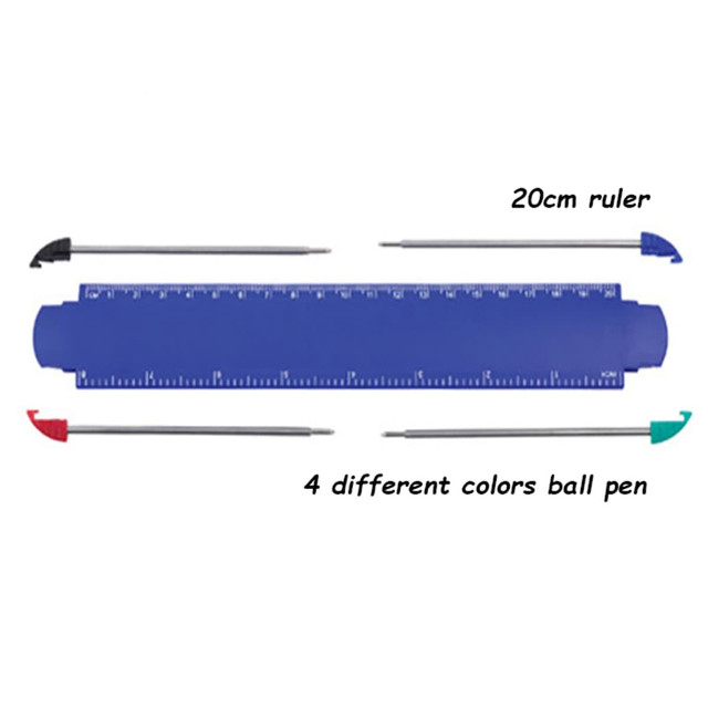 A 20cm blue ruler accompanied by four ball pens in green, red, black, and blue. The ruler has measurement markings.