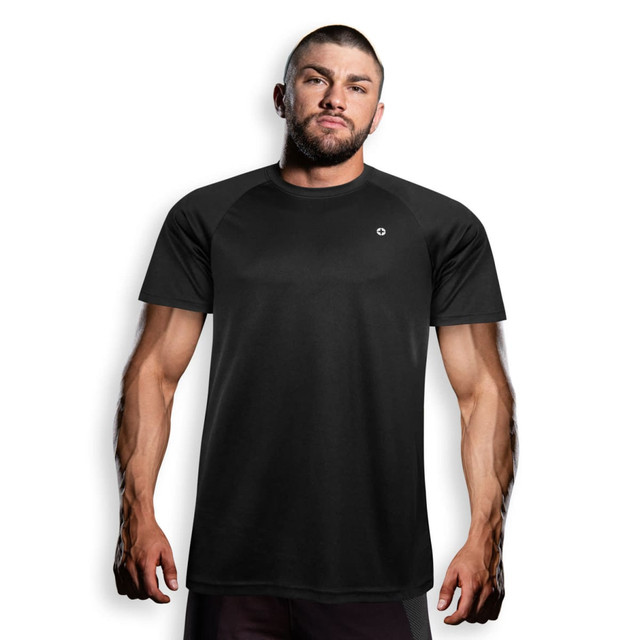 A black T-shirt with a logo on the chest, featuring short sleeves and a relaxed fit.