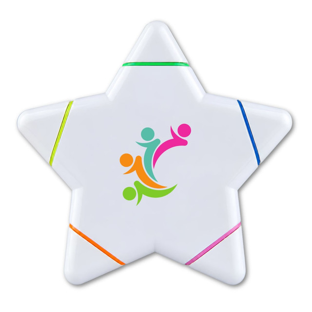 A star-shaped highlighter in white with green, pink, blue, and orange accents, featuring a logo design.