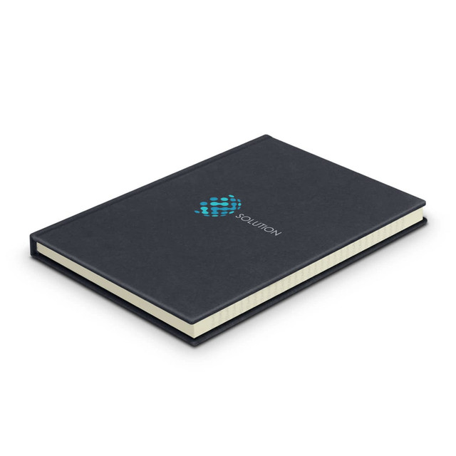 A navy blue hard cover notebook with a textured finish and a logo on the front. Pages are lined within.