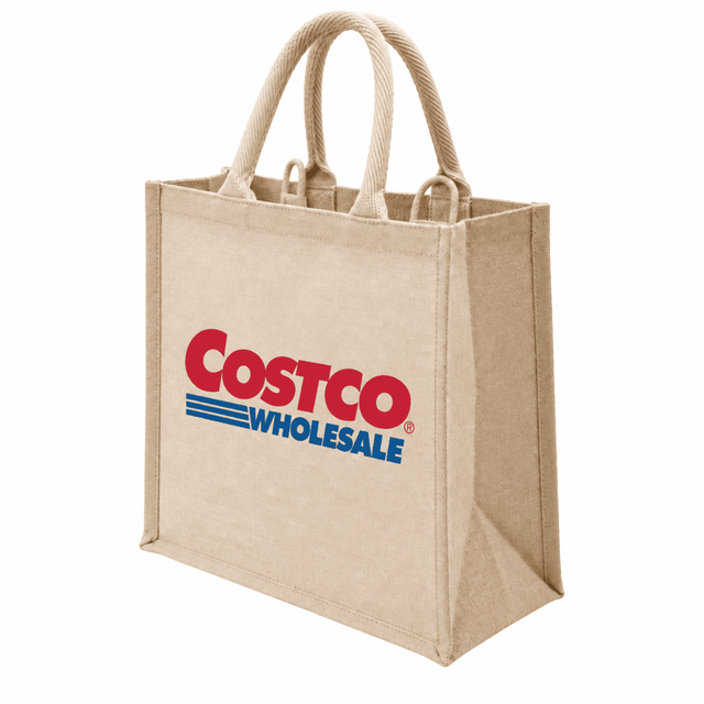 A large, beige jute shopping bag with strong handles and a logo printed on the side.