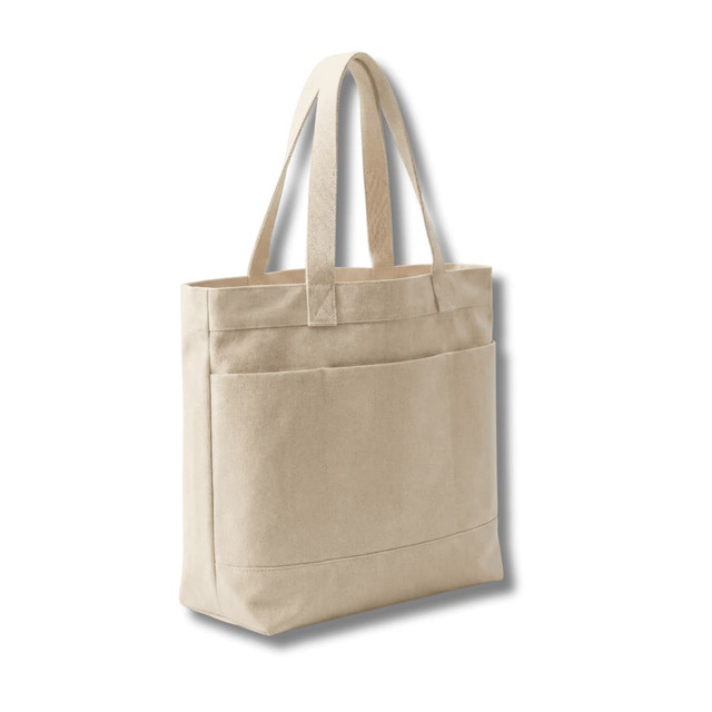 A cream tote bag featuring three pockets and two sturdy handles, with options in black and navy.