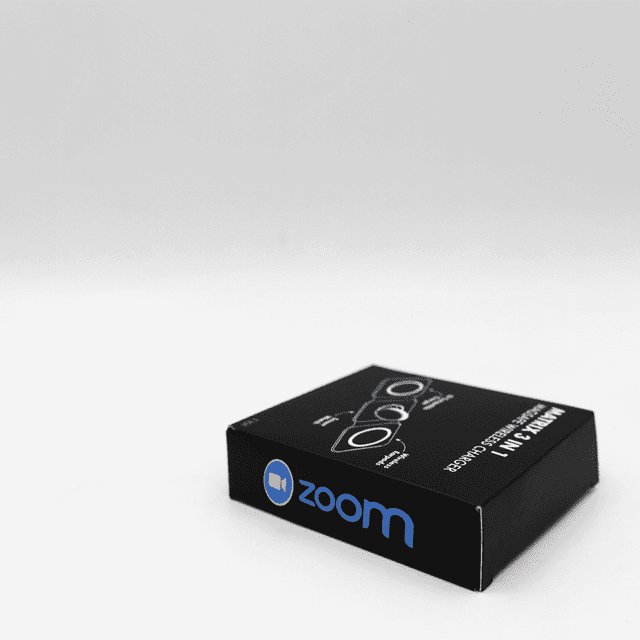 A black box for a product with a logo, featuring an illustration of a wireless charging device.