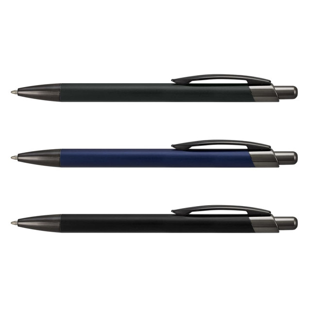 Three metal pens in green, blue, and black, each with a sleek design and a clip for convenience.