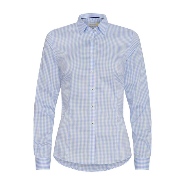 A blue and white check-patterned women's button-up shirt with a collared neckline and long sleeves.