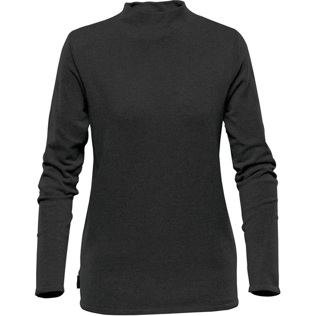 A women's Belfast sweater in dark grey, featuring long sleeves and a high neckline. It has a small logo.