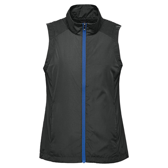 A sleeveless vest in black with a blue zipper and a high collar, featuring a logo.