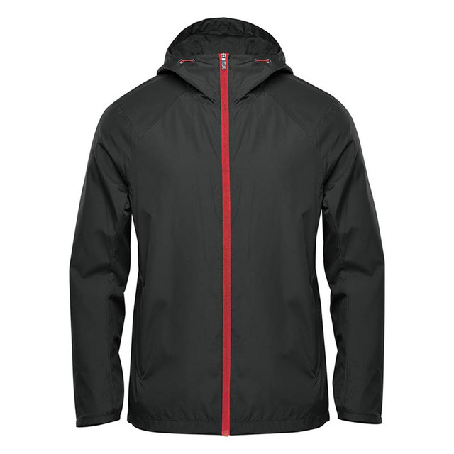Men's Pacifica Wind Jacket in dark green with a red zipper and hood, featuring a logo on the front.