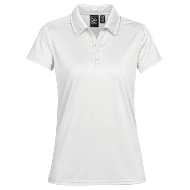 A white women's polo shirt with a classic collar and a logo on the chest.