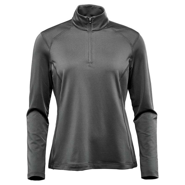 A women's long sleeve quarter zip jumper in dark grey with a sleek design and a logo on the chest.