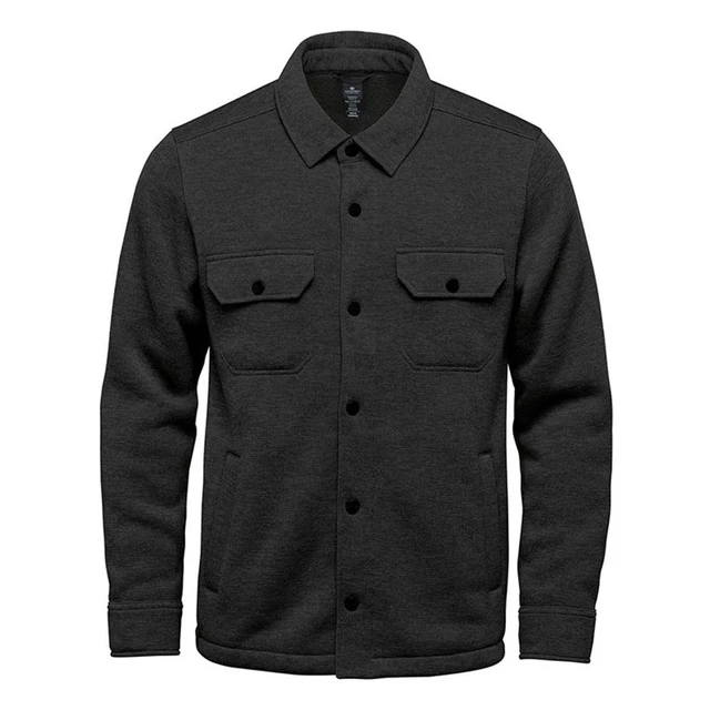 A unisex charcoal fleece shacket featuring a button-up front and two chest pockets. It has a simple logo on the label.