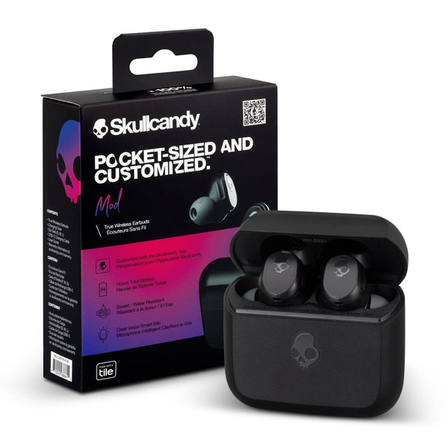 Black Skullcandy Mod TWS earbuds in a charging case, displayed with packaging showcasing its features and branding.