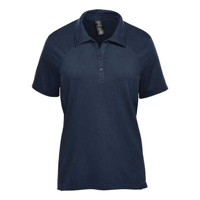 A navy women's polo shirt with short sleeves and a collar. Features a logo on the front.