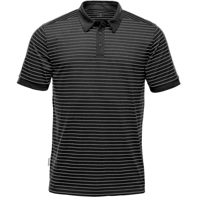 A black and grey striped polo shirt featuring a collar and a logo. Short sleeves complete the design.