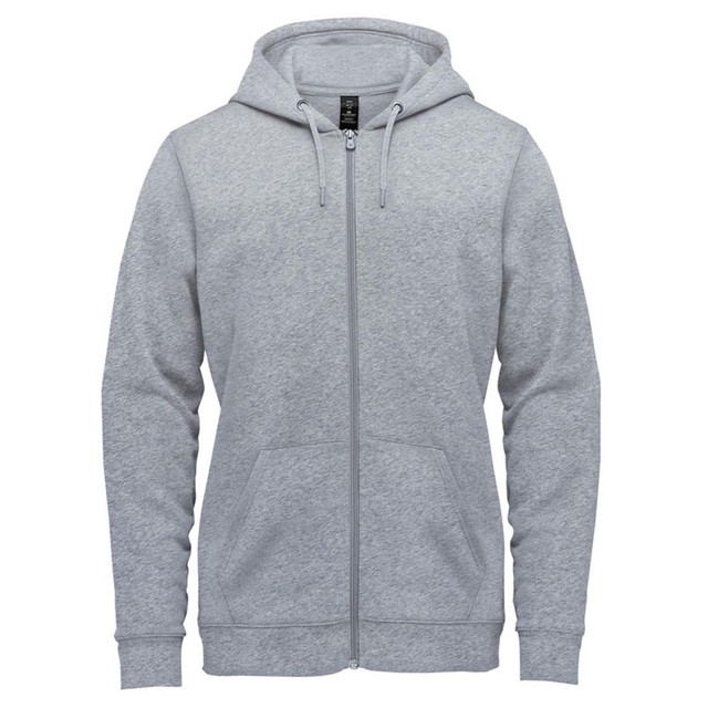 A grey fleece full zip hoody with a hood and pockets, featuring a logo on the chest area.