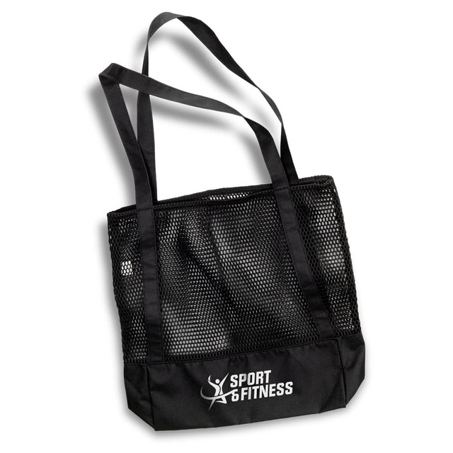 A black mesh sports tote bag with two shoulder straps and a logo on the front.