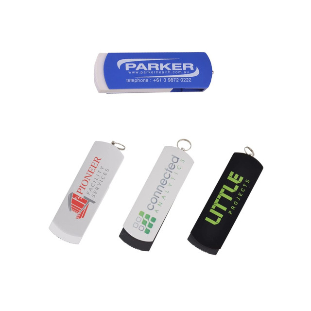 Four flash drives in blue, white, grey, and black, each featuring a different logo, with a keyring attachment.