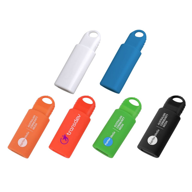A collection of seven flash drives in white, blue, green, orange, and black, featuring various logos.