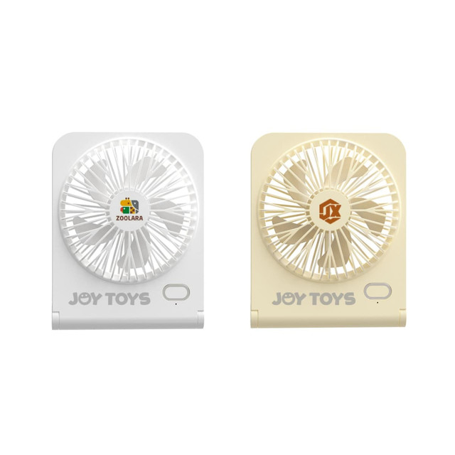 A mini desk fan in white and beige, featuring a logo on each unit. Compact design with a simple, modern look.