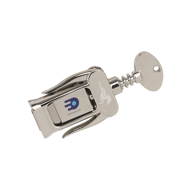 A corkscrew-shaped flash drive in silver, featuring a logo on the side. Smooth metallic finish enhances its design.