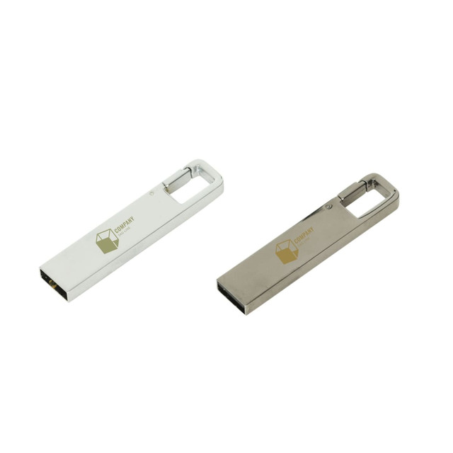 Two metallic flash drives in silver and chrome finish, featuring a logo on one side.