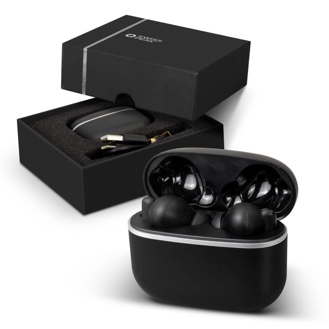 A pair of black Swiss Peak TWS Earbuds 2.0 in a black packaging box with an interior foam insert.