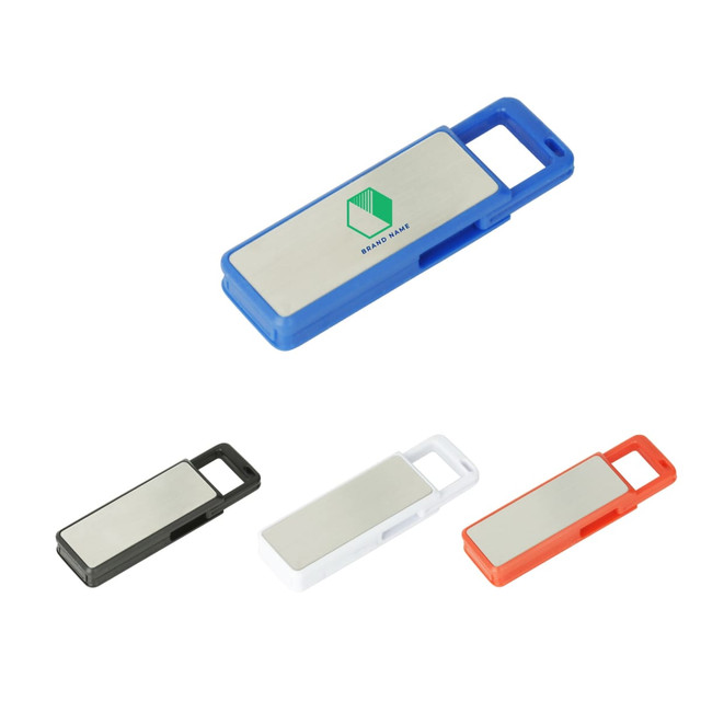 A collection of four flash drives in blue, black, white, and orange, featuring a silver panel and a logo.