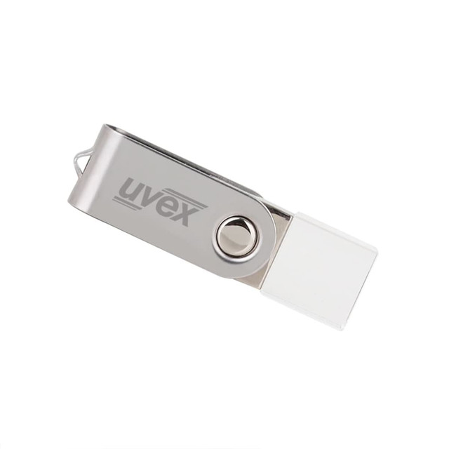 A silver mini swivel crystal flash drive with a clear cap and a logo on the side.