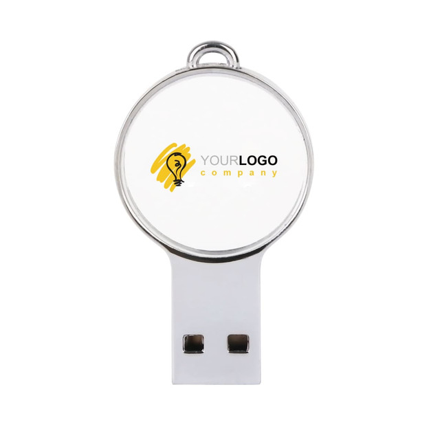 A mini round crystal flash drive in silver and white, featuring a logo on its surface.