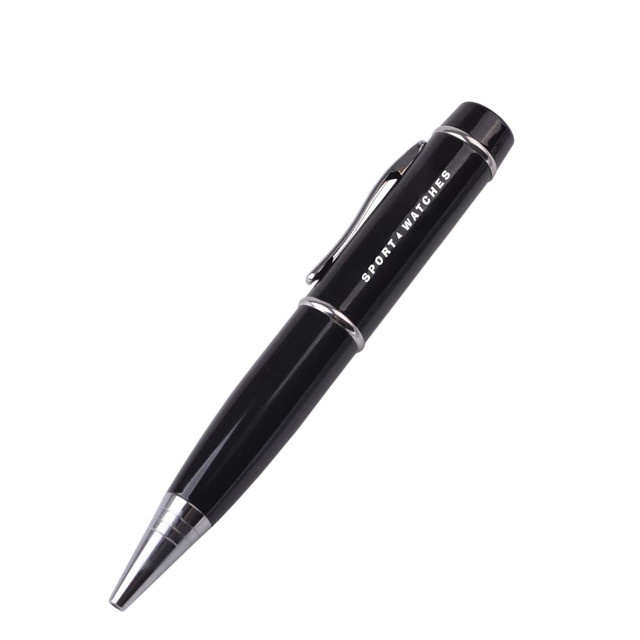 A sleek black pen with metallic accents, featuring a logo and a clip for easy attachment.