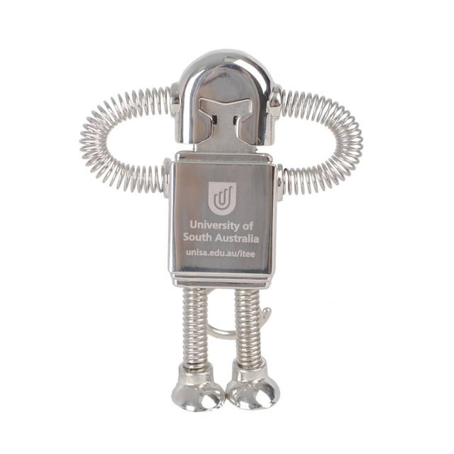 A metallic robot-shaped flash drive with spring-like arms and a logo on its body, featuring silver colour throughout.