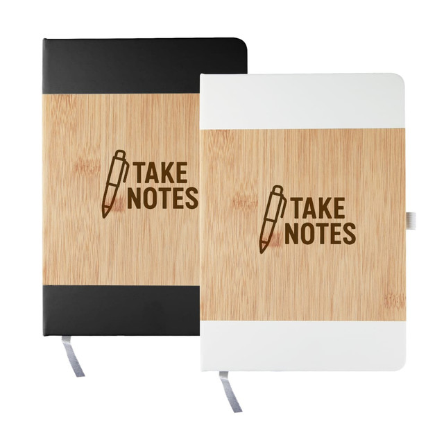 Two Axis Notebooks with bamboo covers, one in black and one in white, featuring a design with a pen icon.