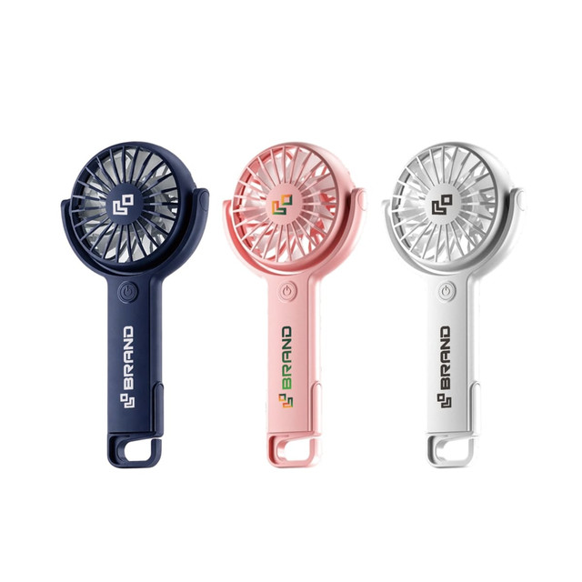 A set of three handheld fans in navy blue, pink, and white with a logo, featuring a hook and adjustable angle.