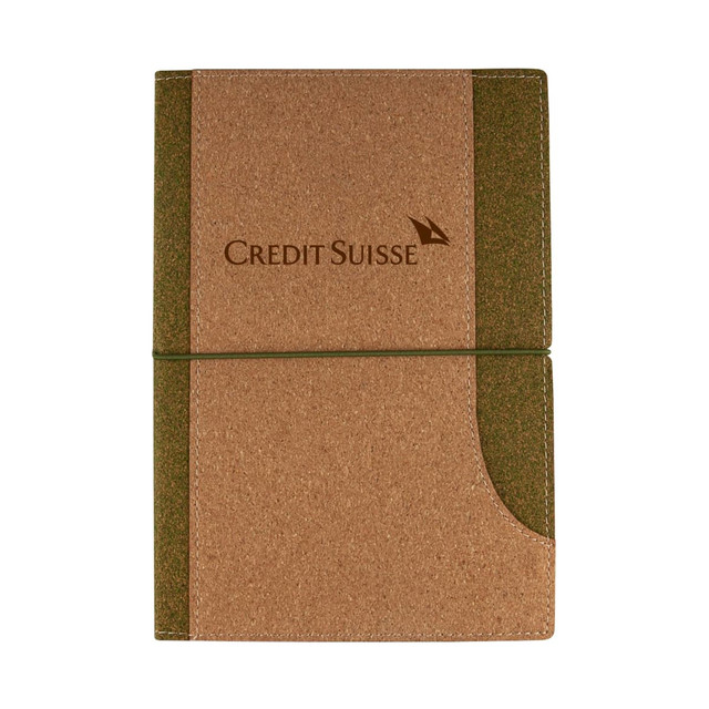 A cork notebook with a green accent and an elastic strap, featuring a logo on the cover.