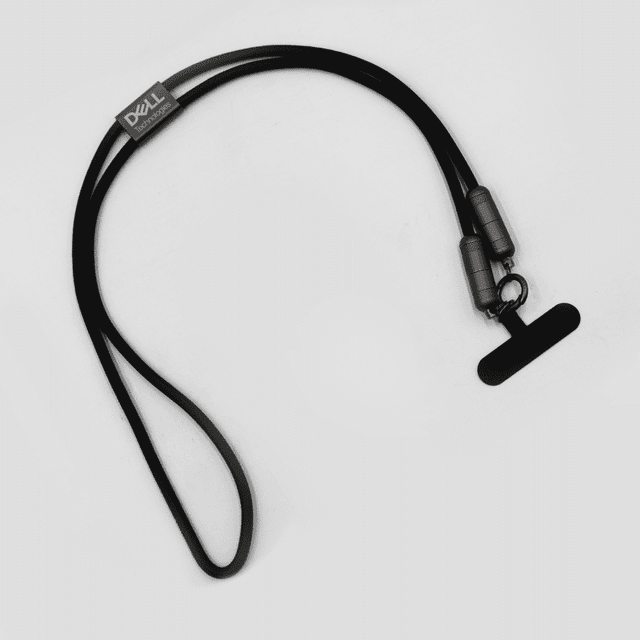 A black lanyard with dual connectors for data and charging cables, featuring a logo.