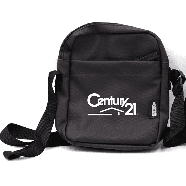 A black messenger bag with a shoulder strap and a logo on the front, featuring a zippered compartment and an additional pocket.