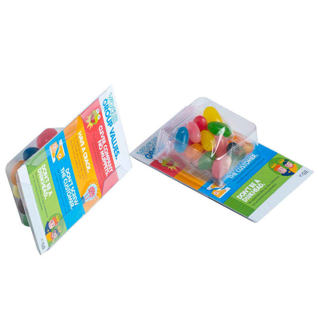 Small Biz Card Treats featuring assorted colourful jelly beans in clear packaging with a branded label.