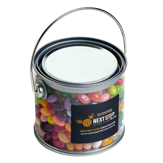 A medium PVC bucket filled with colourful JELLY BELLY jelly beans, featuring a silver handle and a branded logo.