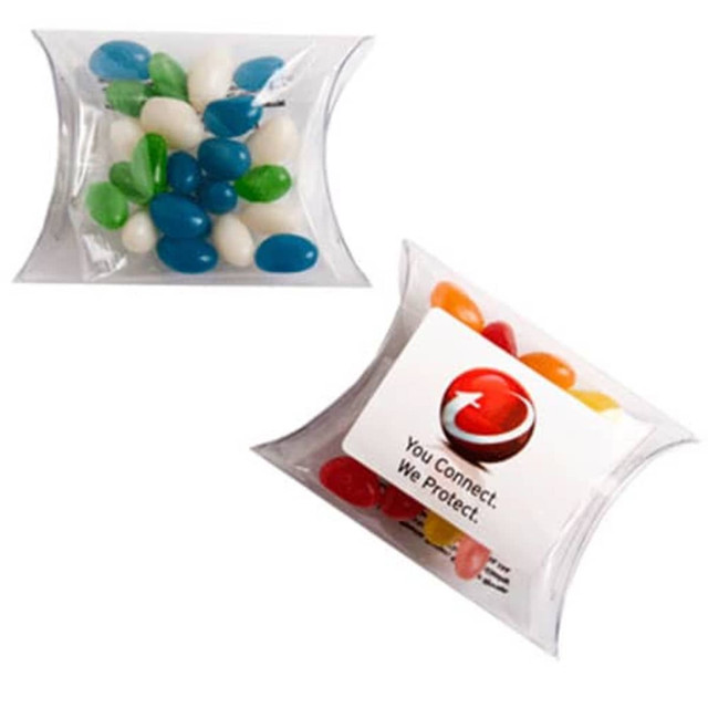 A pillow pack containing assorted mini jelly beans in blue, green, white, and other vibrant colours, with a logo.