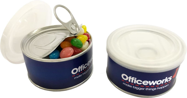 A navy blue pull can containing a variety of colourful jelly beans, featuring a plastic lid and a branded logo.