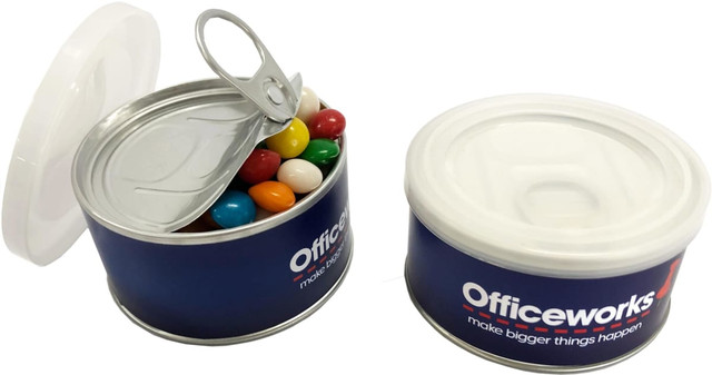 Small pull can containing colourful chewy fruit candies. The can features a logo and has a silver pull-tab lid.